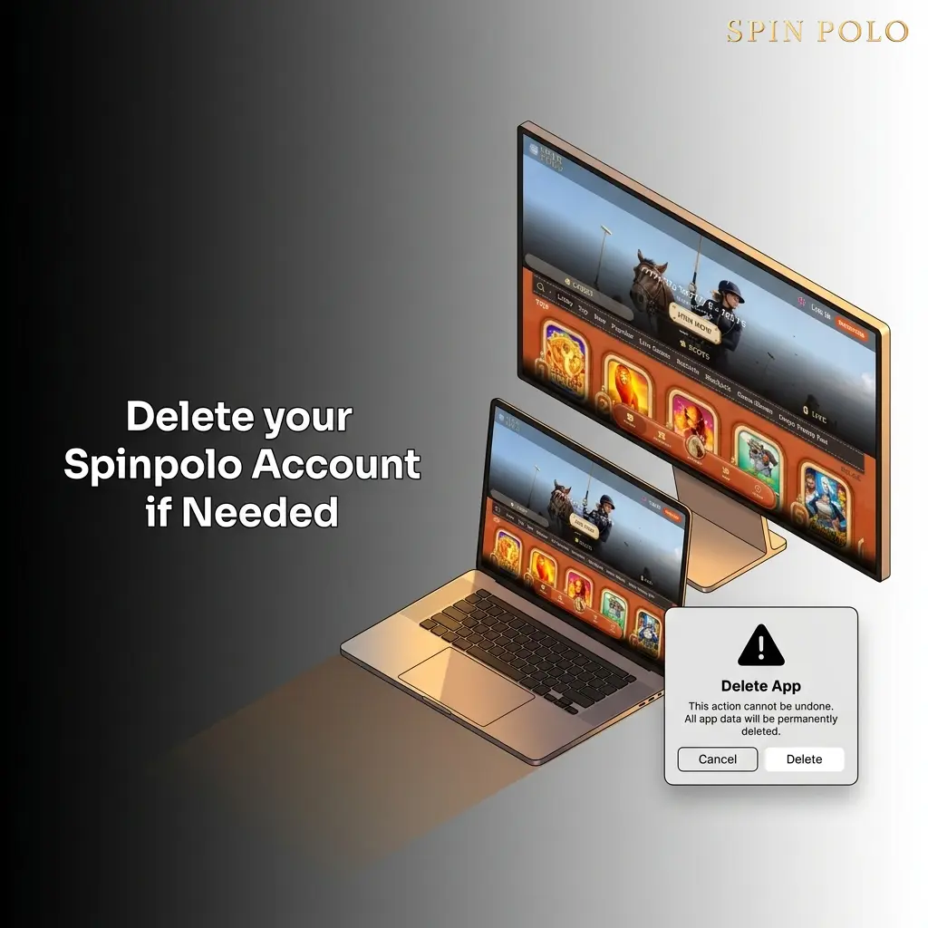Spinpolo account deletion steps showing settings menu with close account option and confirmation process